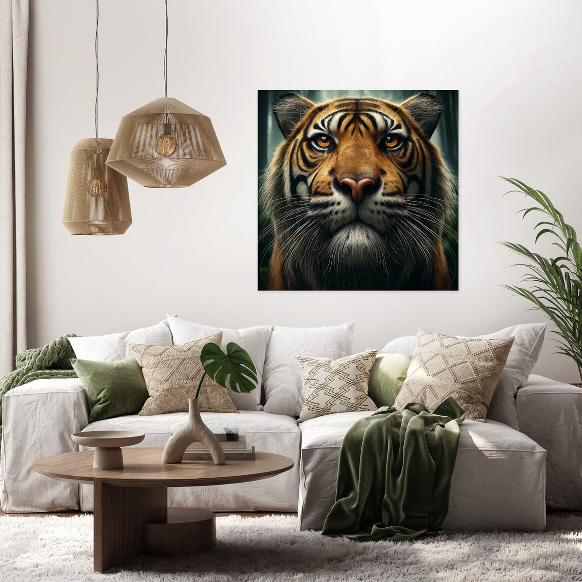 Wall Art Canvas featuring a majestic tiger portrait enhancing modern living room decor
