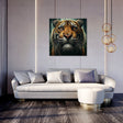 Majestic tiger wall art canvas displayed above a modern sofa in a stylish living room