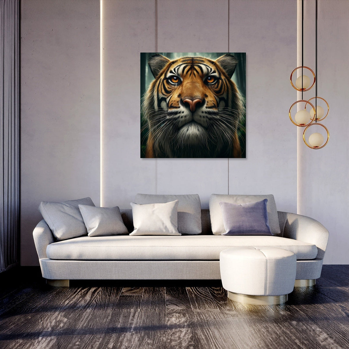 Majestic tiger wall art canvas displayed above a modern sofa in a stylish living room