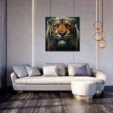 Majestic tiger wall art canvas displayed above a modern sofa in a stylish living room