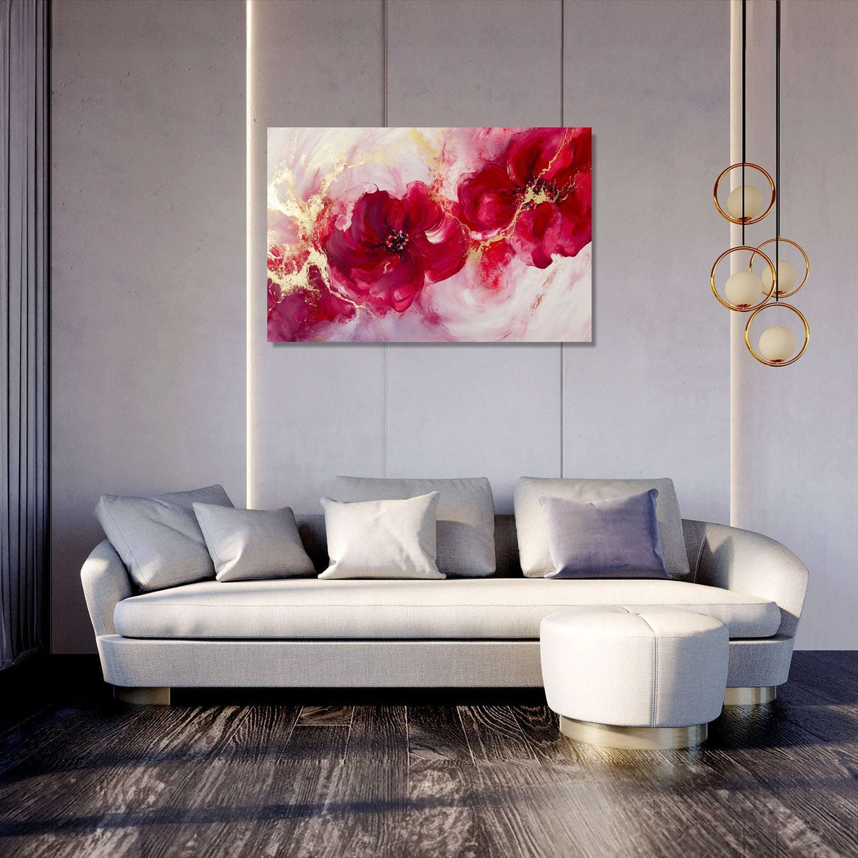 Colourful wall art canvas featuring vibrant pink flowers, ideal for modern living room decor