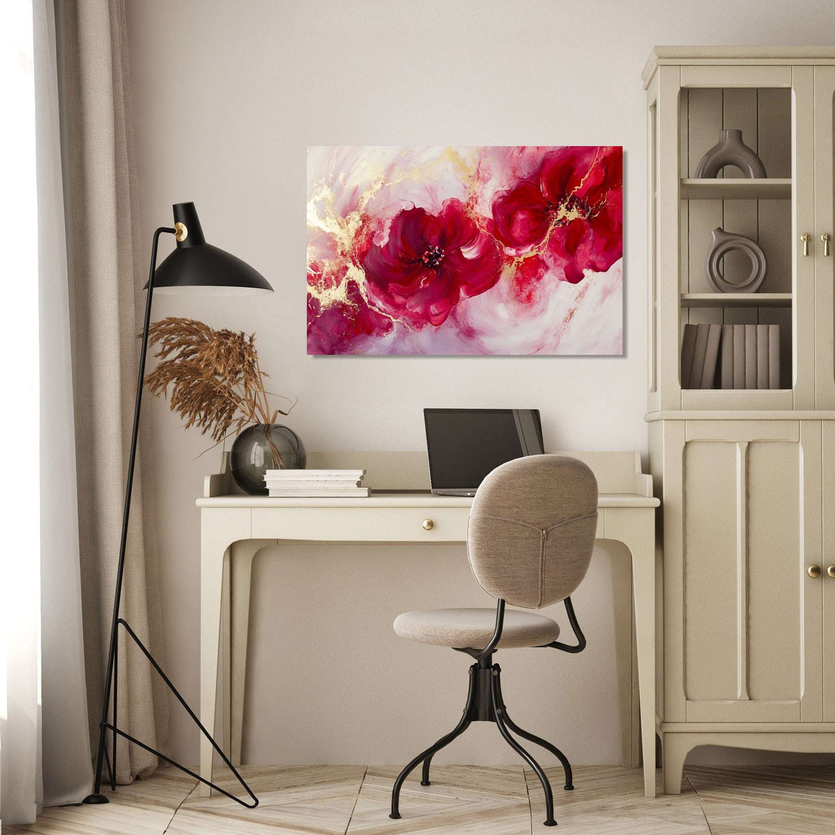 Colourful abstract Wall Art Canvas featuring pink flowers in a stylish home office setting