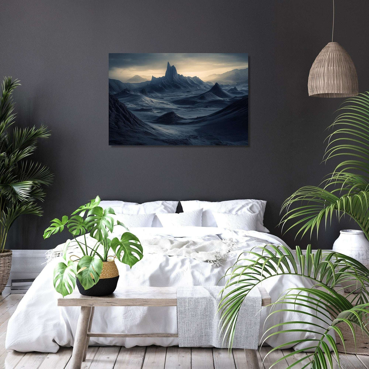 Wall Art Canvas depicting a serene mountain landscape, perfect for enhancing bedroom decor