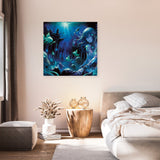 A vibrant Wall Art Canvas featuring an underwater scene with mermaids and sea creatures in a stylish bedroom