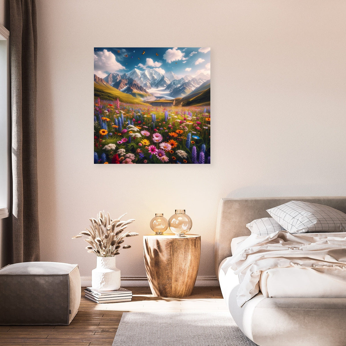 Beautiful landscape Wall Art Canvas featuring vibrant flowers and mountains in a serene bedroom setting