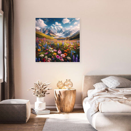 Beautiful landscape Wall Art Canvas featuring vibrant flowers and mountains in a serene bedroom setting