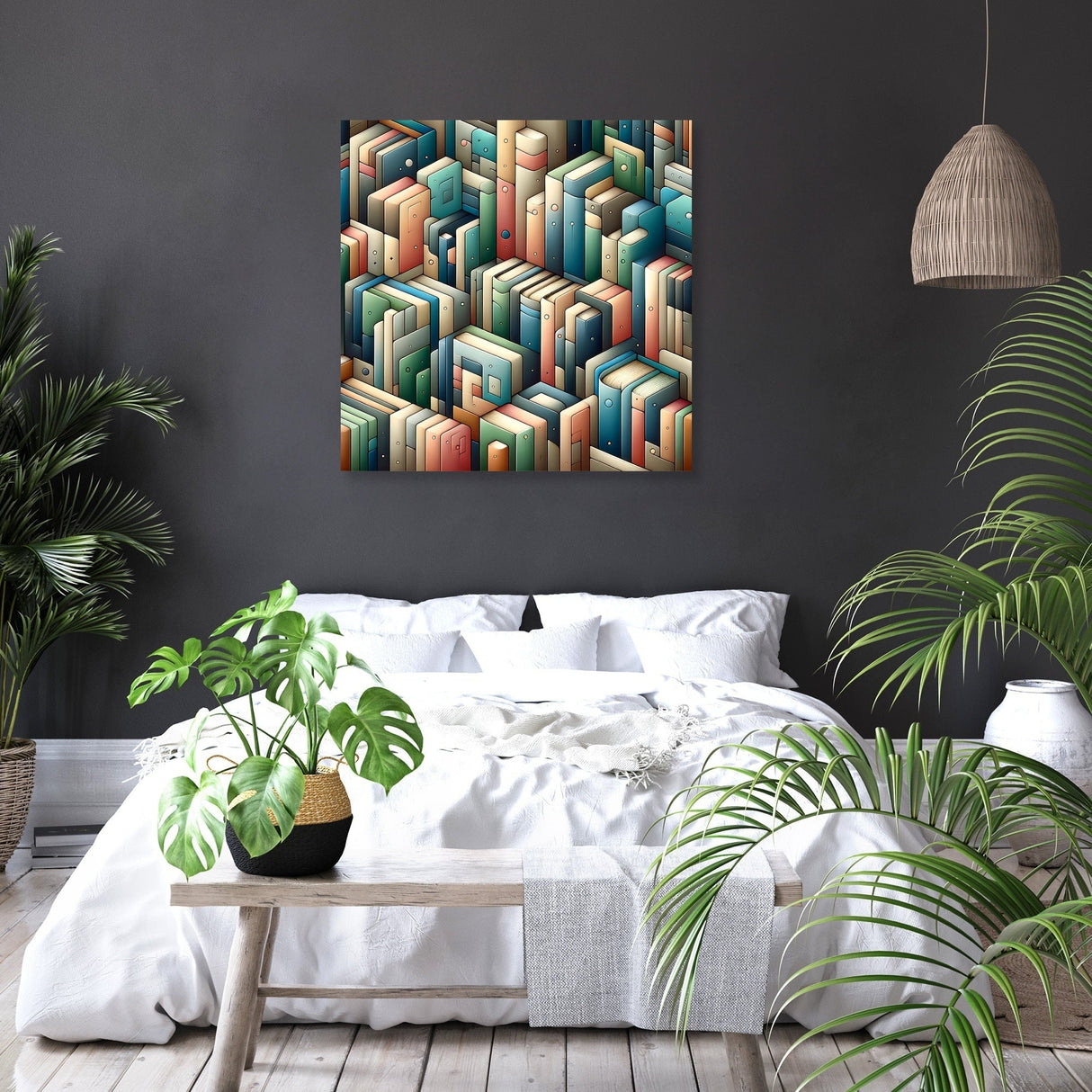 Colourful Wall Art Canvas featuring a geometric book pattern, ideal for modern home decor