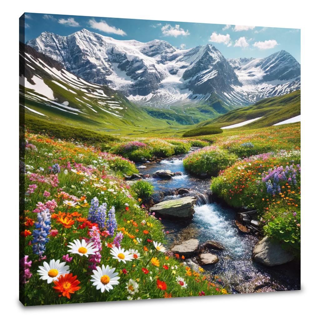 Vibrant Wall Art Canvas depicting a serene landscape with mountains and a flower-filled meadow