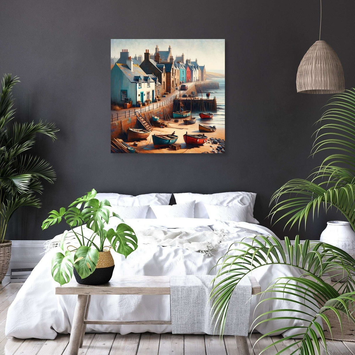 Coastal Wall Art Canvas featuring vibrant boats and colourful houses on a serene beach setting