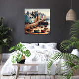 Coastal Wall Art Canvas featuring vibrant boats and colourful houses on a serene beach setting