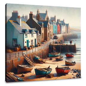Beautiful coastal village scene wall art canvas featuring colourful houses and fishing boats