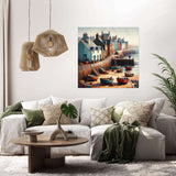 Beautiful coastal scene Wall Art Canvas featuring boats and colourful houses in a serene setting