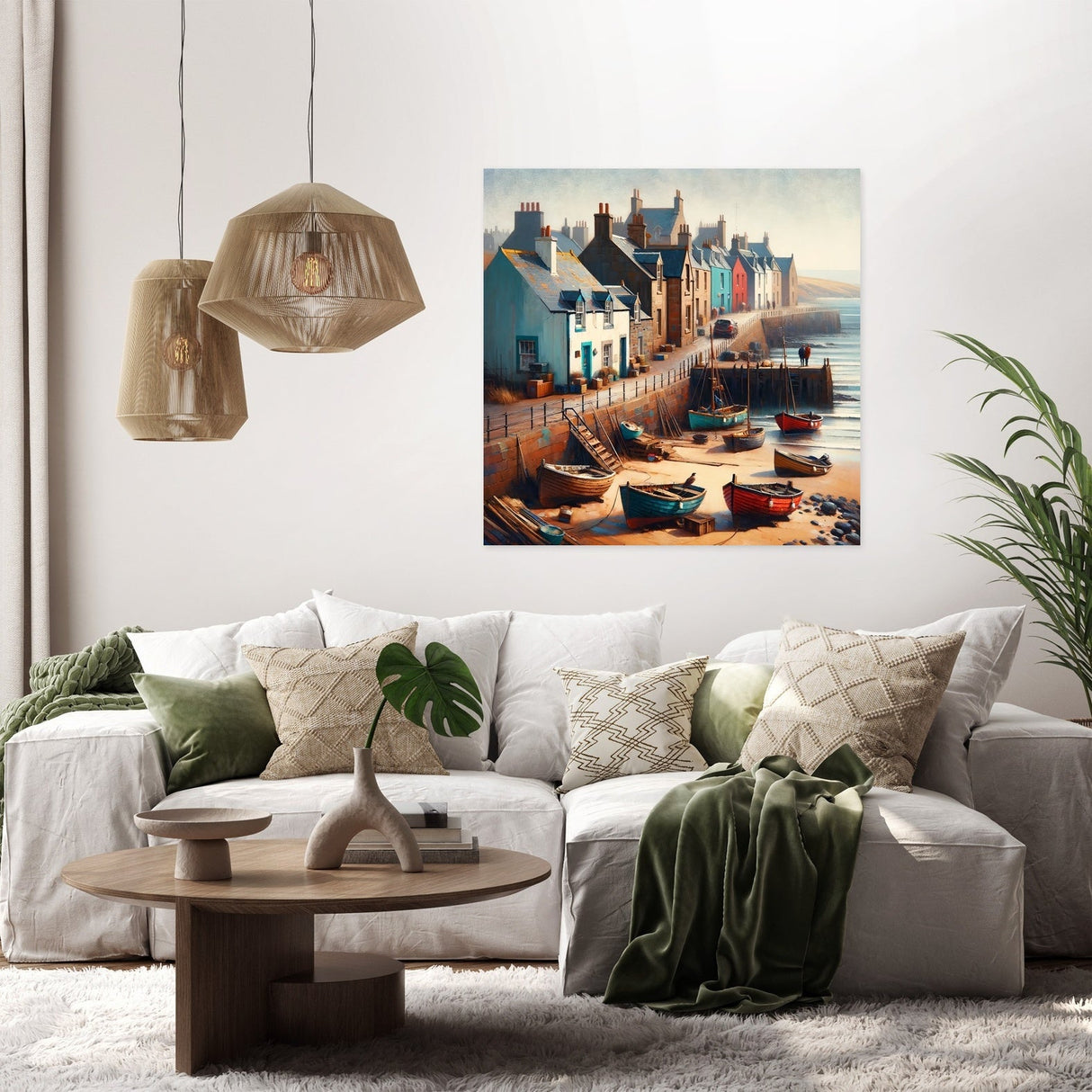 Beautiful coastal scene Wall Art Canvas featuring boats and colourful houses in a serene setting
