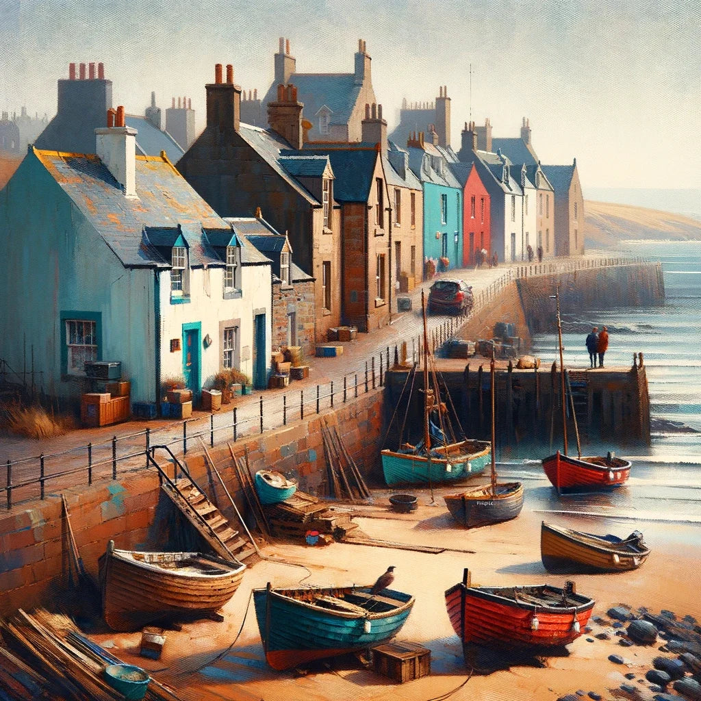 Beautiful coastal scene wall art canvas featuring colourful cottages and fishing boats by the shore