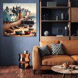 Beautiful seaside village wall art canvas featuring colourful boats and houses in a serene coastal setting