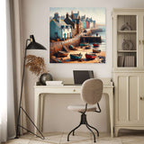 Colourful seaside village wall art canvas featuring fishing boats and charming houses