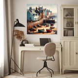 Colourful seaside village wall art canvas featuring fishing boats and charming houses