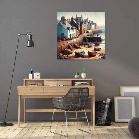 Coastal scene Wall Art Canvas featuring colourful cottages and boats by the shore in a stylish office space