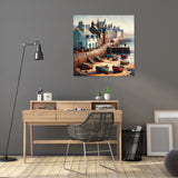 Coastal scene Wall Art Canvas featuring colourful cottages and boats by the shore in a stylish office space
