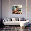 Beautiful wall art canvas featuring vibrant coastal scene with colourful houses and boats