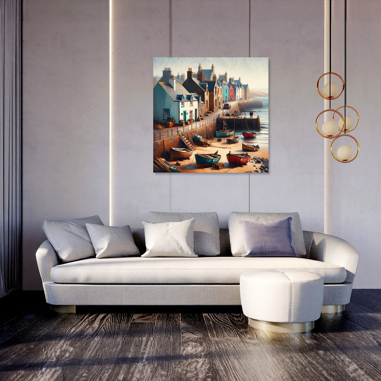 Beautiful wall art canvas featuring vibrant coastal scene with colourful houses and boats