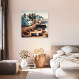 Beautiful seaside scene wall art canvas showcasing coastal houses and fishing boats