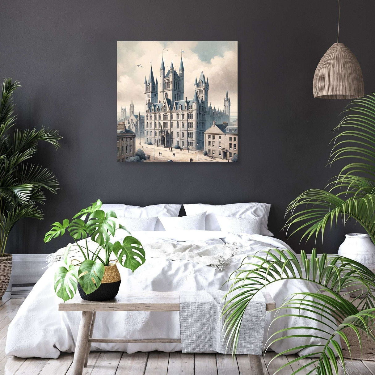 Elegant wall art canvas featuring a vintage cityscape on a bedroom wall with plants