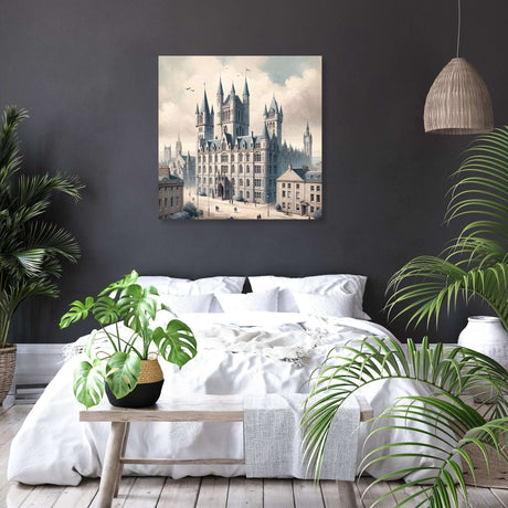 Elegant wall art canvas featuring a vintage cityscape on a bedroom wall with plants