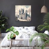 Elegant wall art canvas featuring a vintage cityscape on a bedroom wall with plants