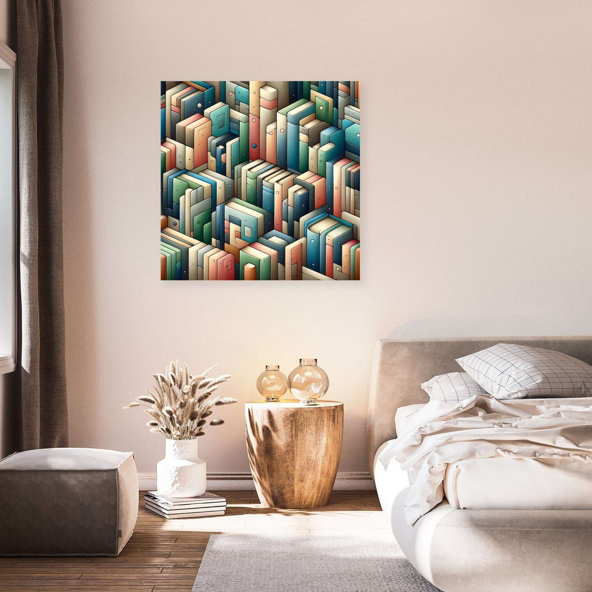 Stylish Wall Art Canvas featuring an artistic arrangement of colourful books in a modern bedroom setting
