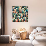 Stylish Wall Art Canvas featuring an artistic arrangement of colourful books in a modern bedroom setting