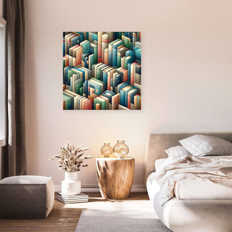 Stylish Wall Art Canvas featuring an artistic arrangement of colourful books in a modern bedroom setting