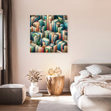 Stylish Wall Art Canvas featuring an artistic arrangement of colourful books in a modern bedroom setting
