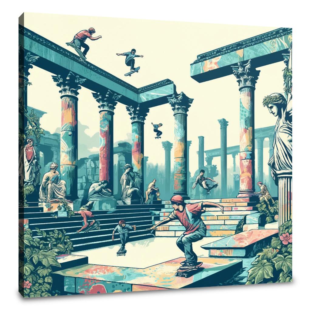 Skateboarders in a vibrant scene on a decorative Wall Art Canvas inspired by ancient ruins