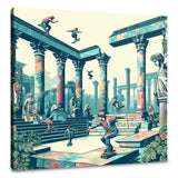 Skateboarders in a vibrant scene on a decorative Wall Art Canvas inspired by ancient ruins