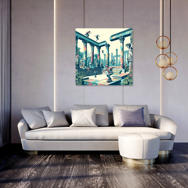 Vibrant Wall Art Canvas featuring artistic scene with columns and statues, enhancing modern living room decor