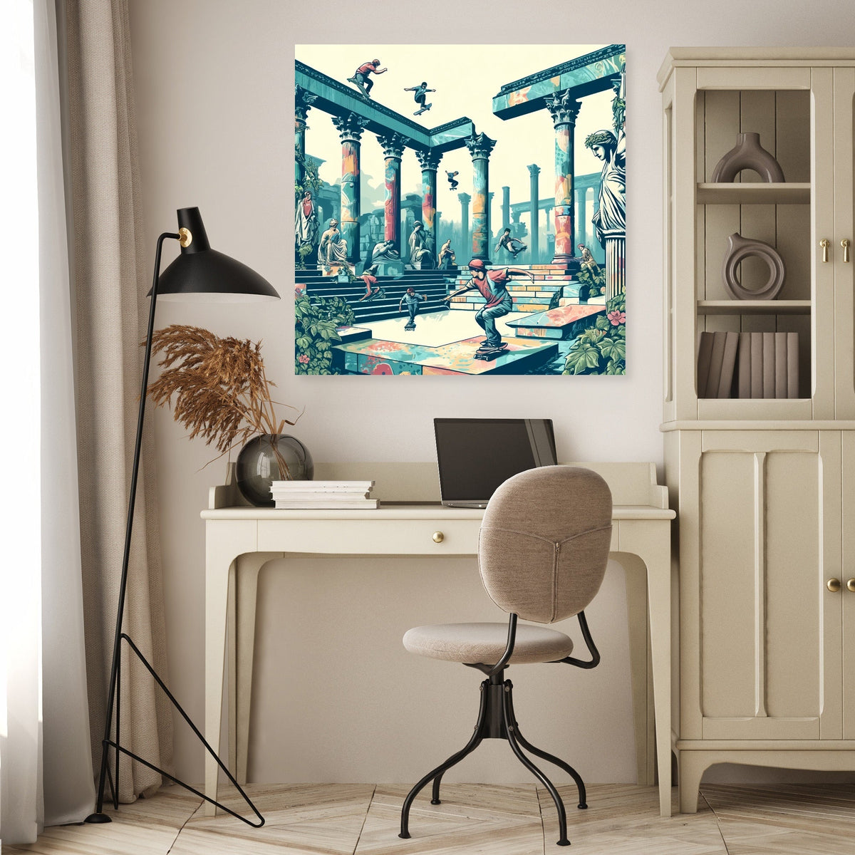 Stylish Wall Art Canvas featuring a vibrant scene of columns and figures in a chic home office setting