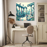 Stylish Wall Art Canvas featuring a vibrant scene of columns and figures in a chic home office setting