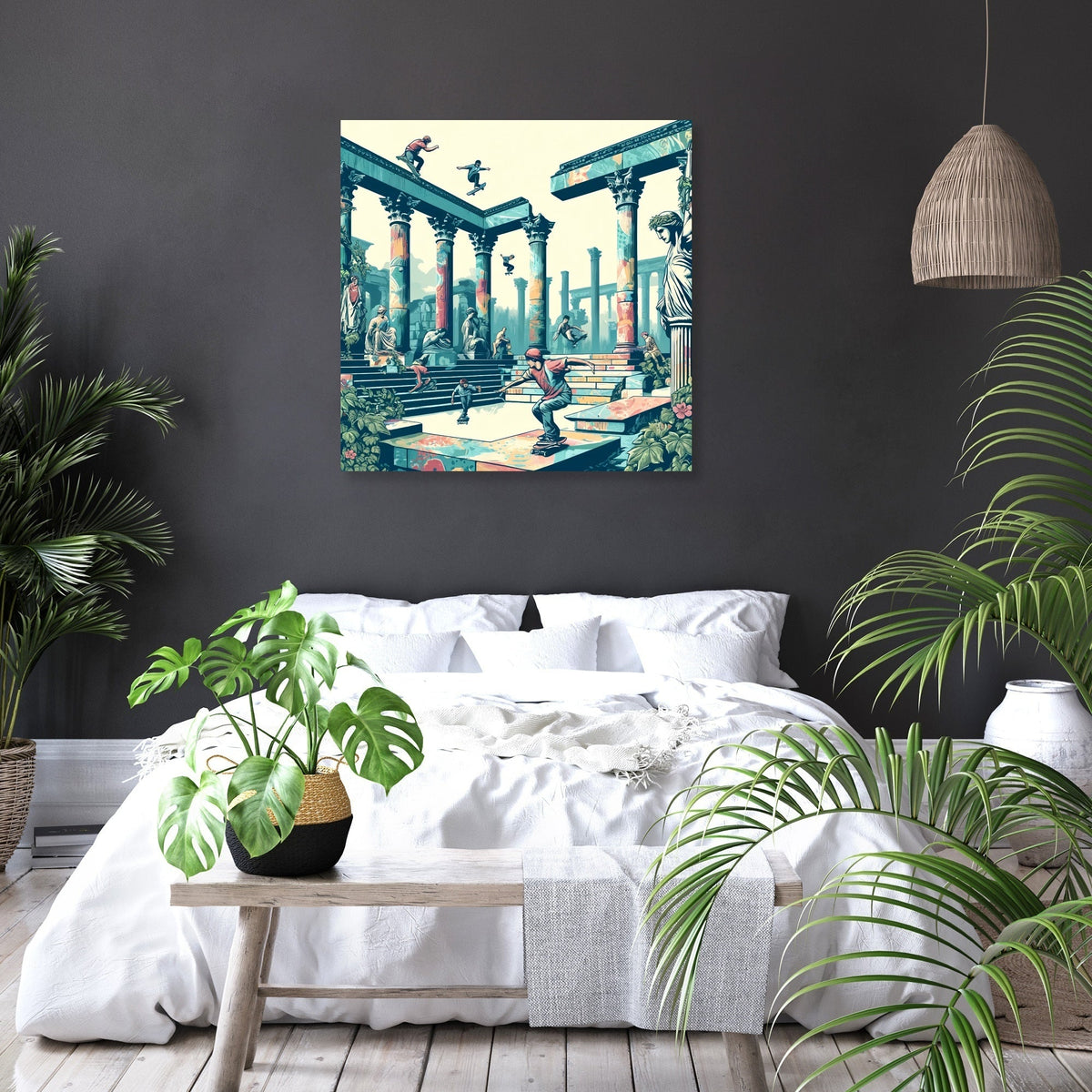 Stylish wall art canvas depicting a vibrant scene with figures in a classical setting, perfect for home decor