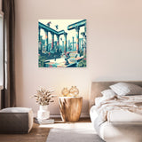 Vibrant wall art canvas featuring classical architecture and sculptures in a serene bedroom setting