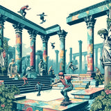 Vibrant Wall Art Canvas featuring skateboarders in a classical architectural setting
