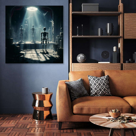 Stylish wall art canvas featuring a dramatic scene with skeletons in a dimly lit room