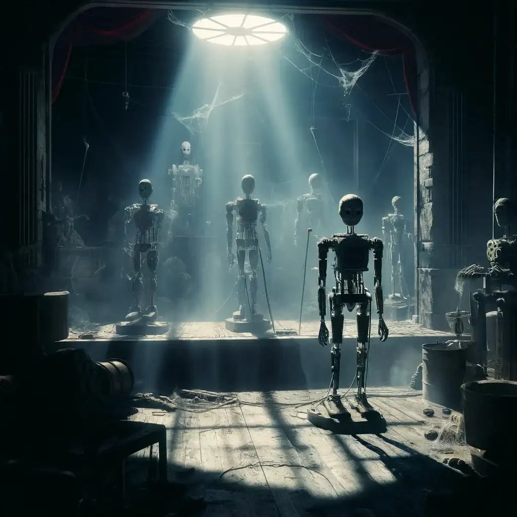 Spooky themed wall art canvas featuring shadowy skeletons in an eerie, dimly lit room