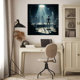 Stylish wall art canvas featuring a dramatic scene with light and shadows in an artistic setting