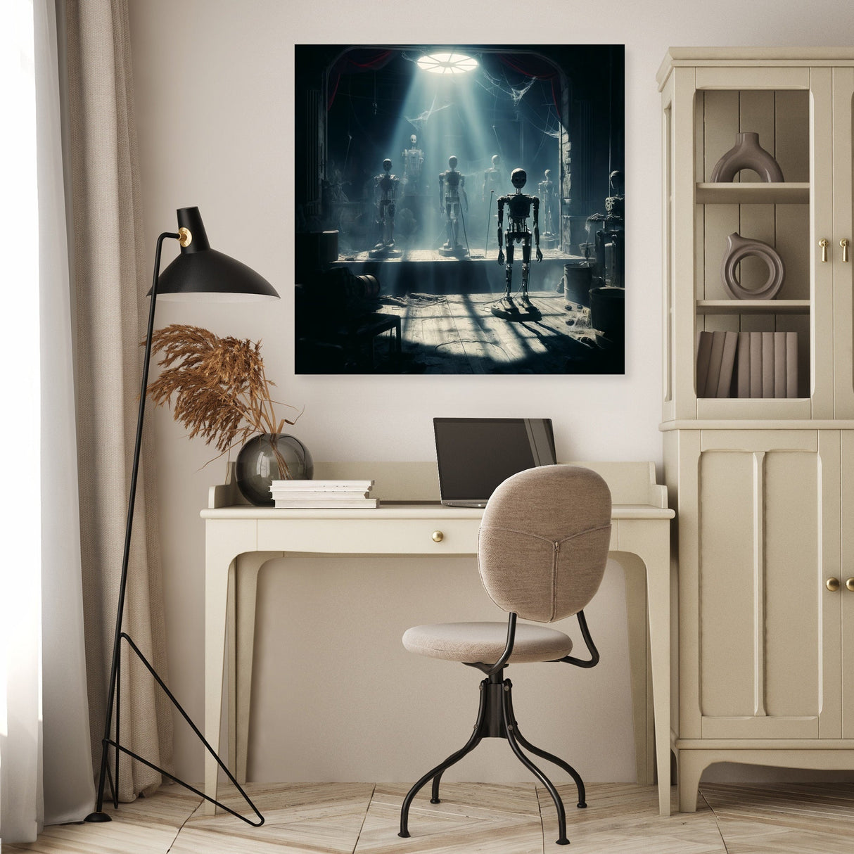 Stylish wall art canvas featuring a dramatic scene with light and shadows in an artistic setting