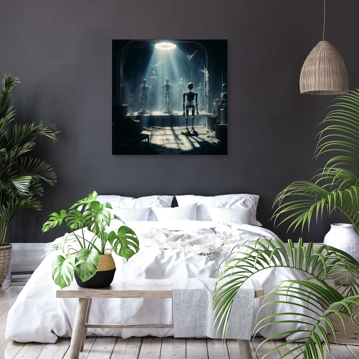 Stunning Wall Art Canvas featuring futuristic robots in a moody interior setting for modern home decor