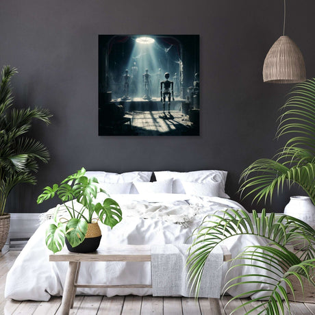 Stunning Wall Art Canvas featuring futuristic robots in a moody interior setting for modern home decor