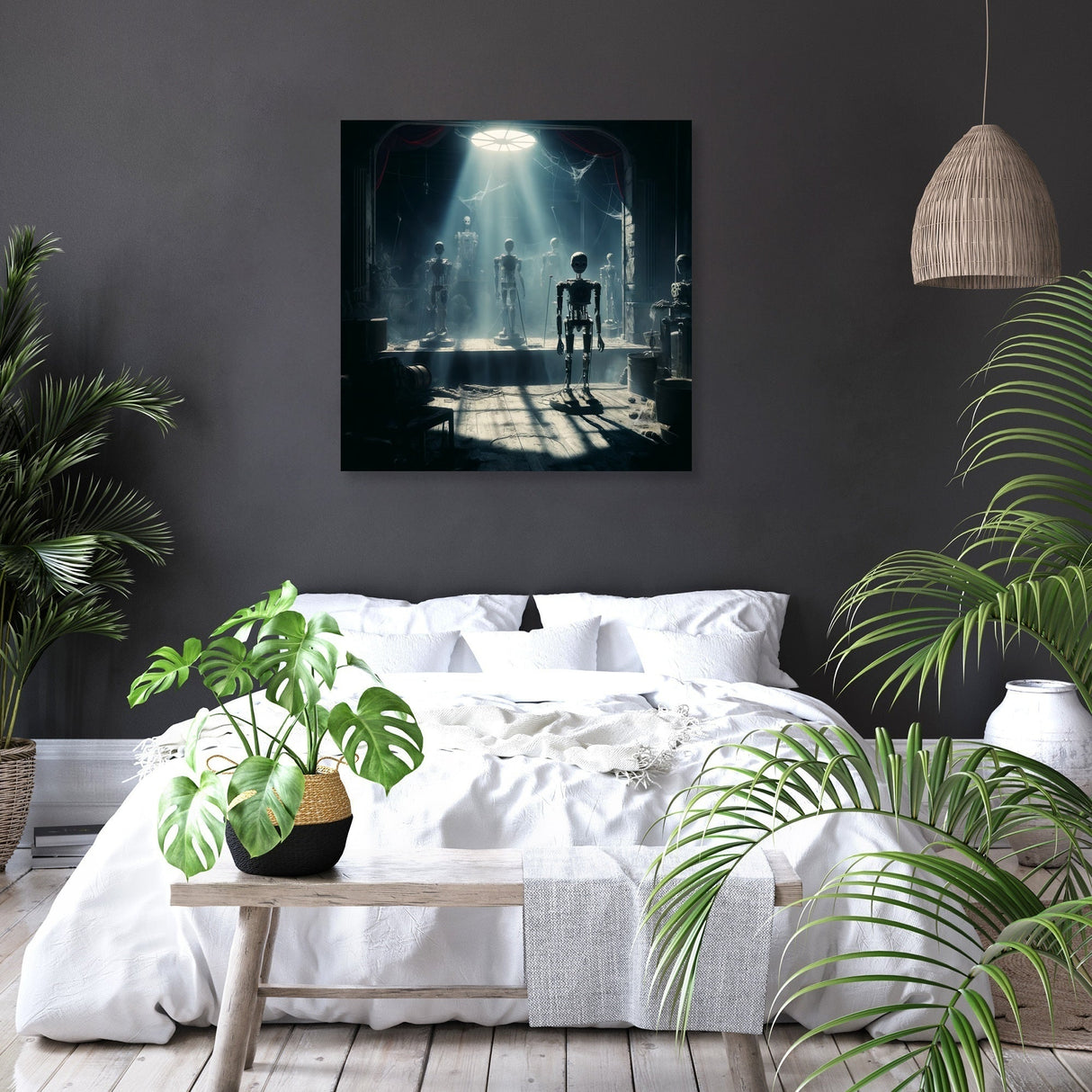 Stunning Wall Art Canvas featuring futuristic robots in a moody interior setting for modern home decor