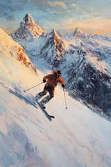 Vibrant wall art canvas depicting a skier racing down a snow-covered mountain landscape