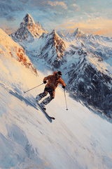 Vibrant wall art canvas depicting a skier racing down a snow-covered mountain landscape